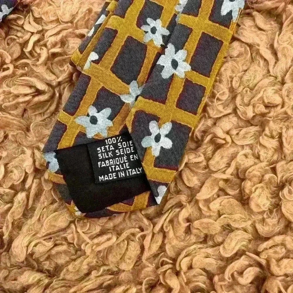 Hugo Boss Silk Tie Men’s Floral Geometric Yellow Blue Made in Italy homecoming - Picture 5 of 5
